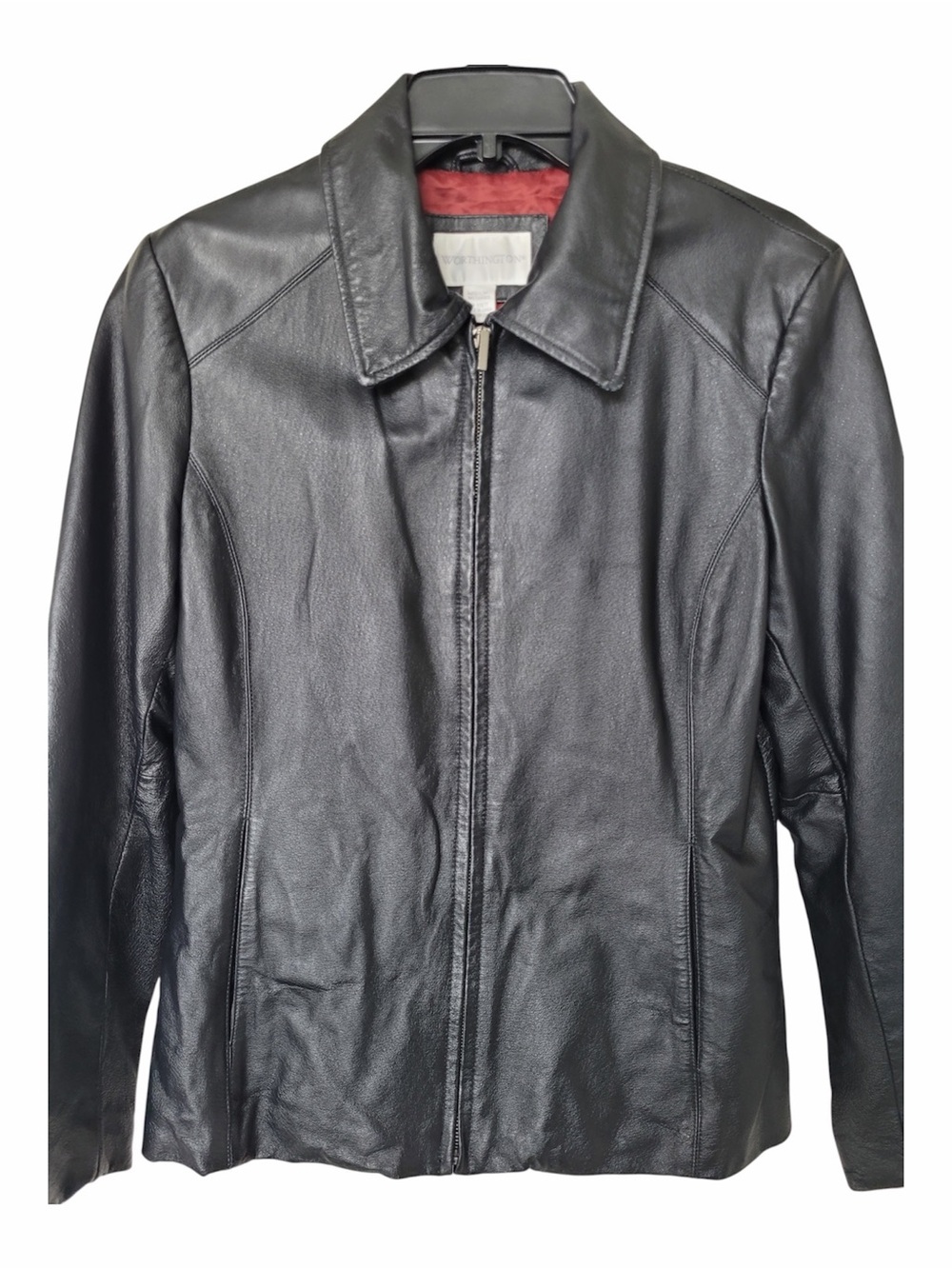 Worthington Black Leather Zip-Front Jacket with Red Lining size M